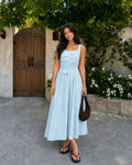 Gingham Ruched Front Tie Detail Midi Dress in Baby Blue