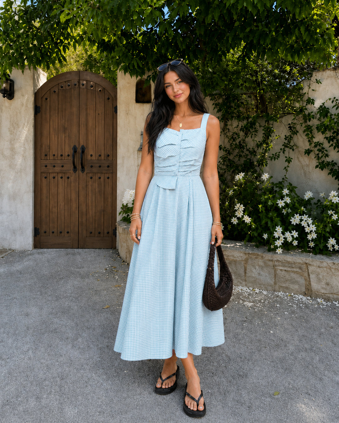 Gingham Ruched Front Tie Detail Midi Dress in Baby Blue