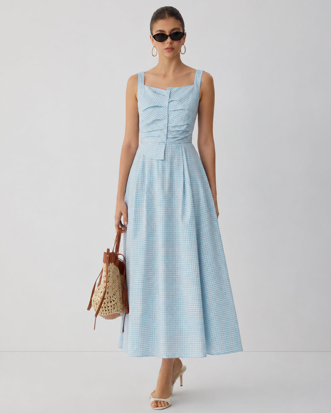 Bonus Cloth's Gingham Ruched Front Tie Detail Midi Dress in Baby Blue