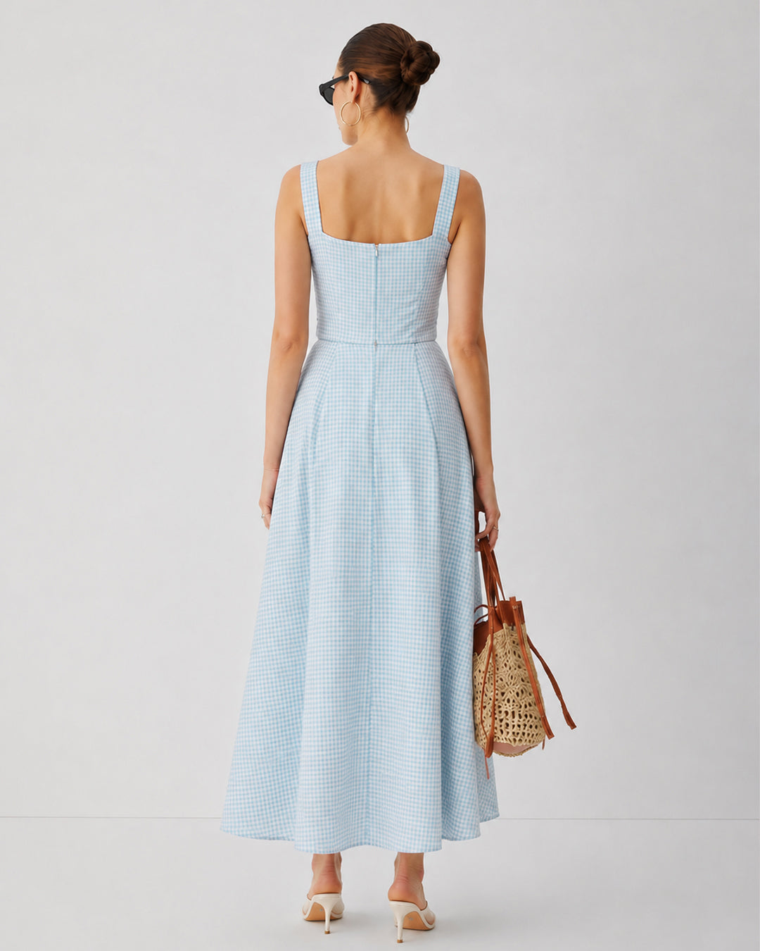 Bonus Cloth's Gingham Ruched Front Tie Detail Midi Dress in Baby Blue