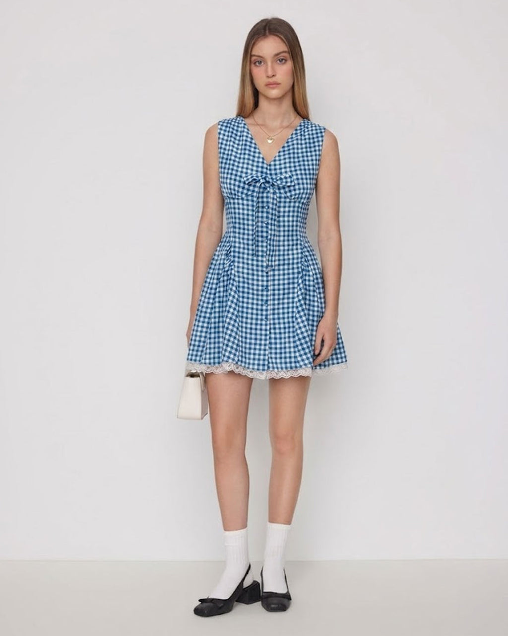 Gingham V Neck Fit and Flare Mini Dress in Baby Blue
