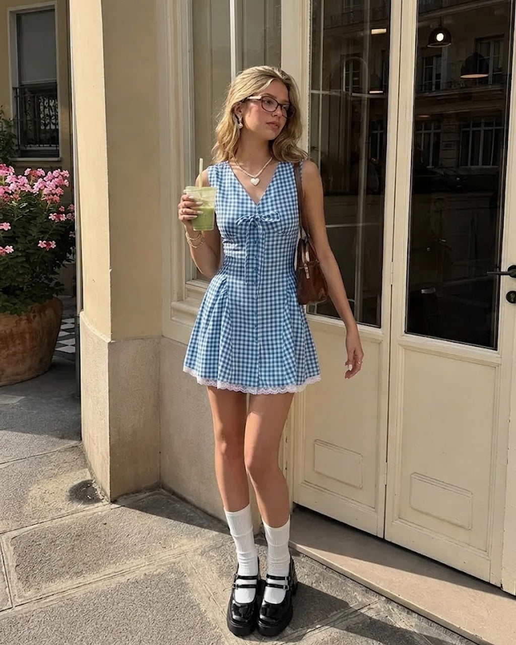 Gingham V Neck Fit and Flare Mini Dress in Baby Blue