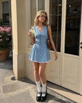 Gingham V Neck Fit and Flare Mini Dress in Baby Blue