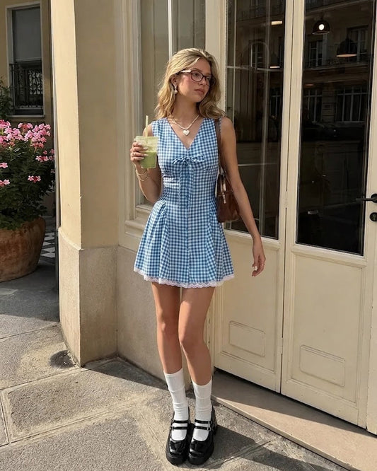 Bonus Cloth's Gingham V Neck Fit and Flare Mini Dress in Baby Blue