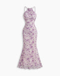 Floral Ruched Halter Neck Mermaid Midi Dress in Lilac