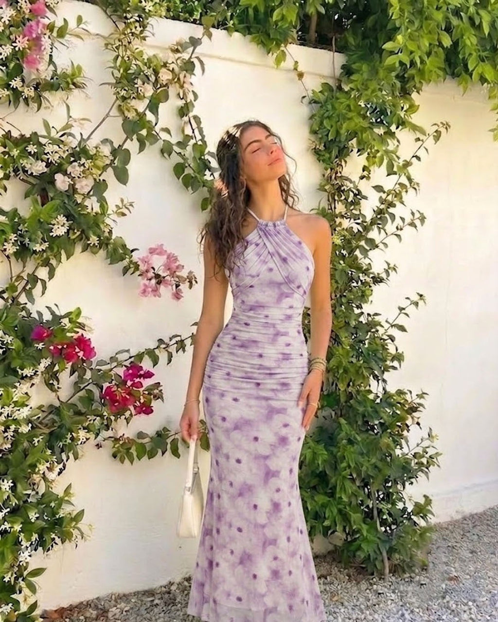 Floral Ruched Halter Neck Mermaid Midi Dress in Lilac