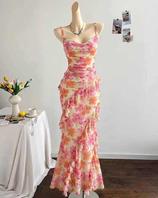 Bonus Cloth's Floral Ruched Ruffle Trim Mermaid Maxi Dress in Orange and Blush Pink