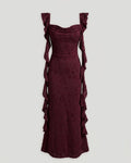 Floral Ruched Side Tie Ruffle Maxi Dress in Deep Maroon