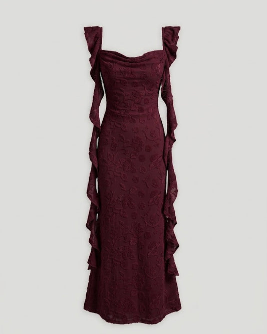 Bonus Cloth's Floral Ruched Side Tie Ruffle Maxi Dress in Deep Maroon