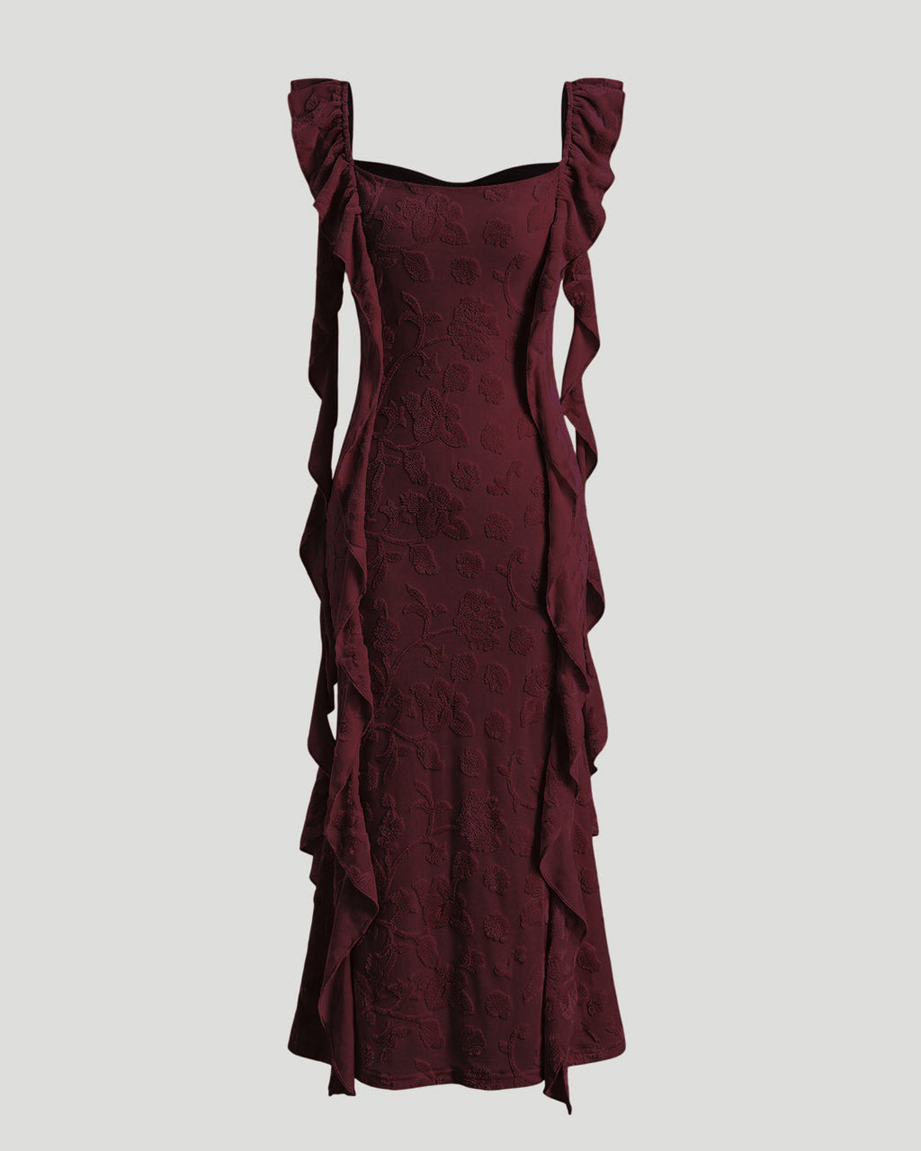 Floral Ruched Side Tie Ruffle Maxi Dress in Deep Maroon
