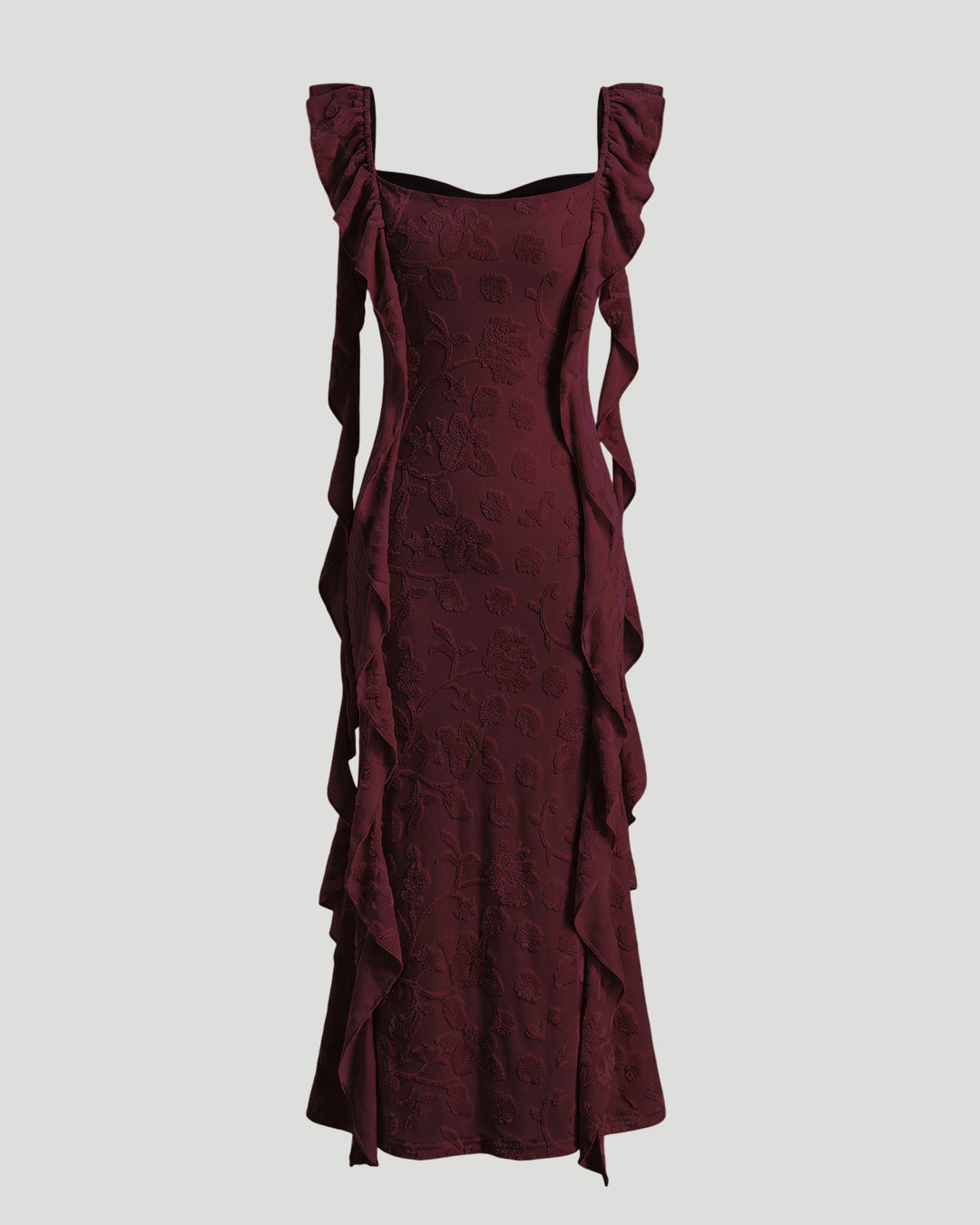 Floral Ruched Side Tie Ruffle Maxi Dress in Deep Maroon