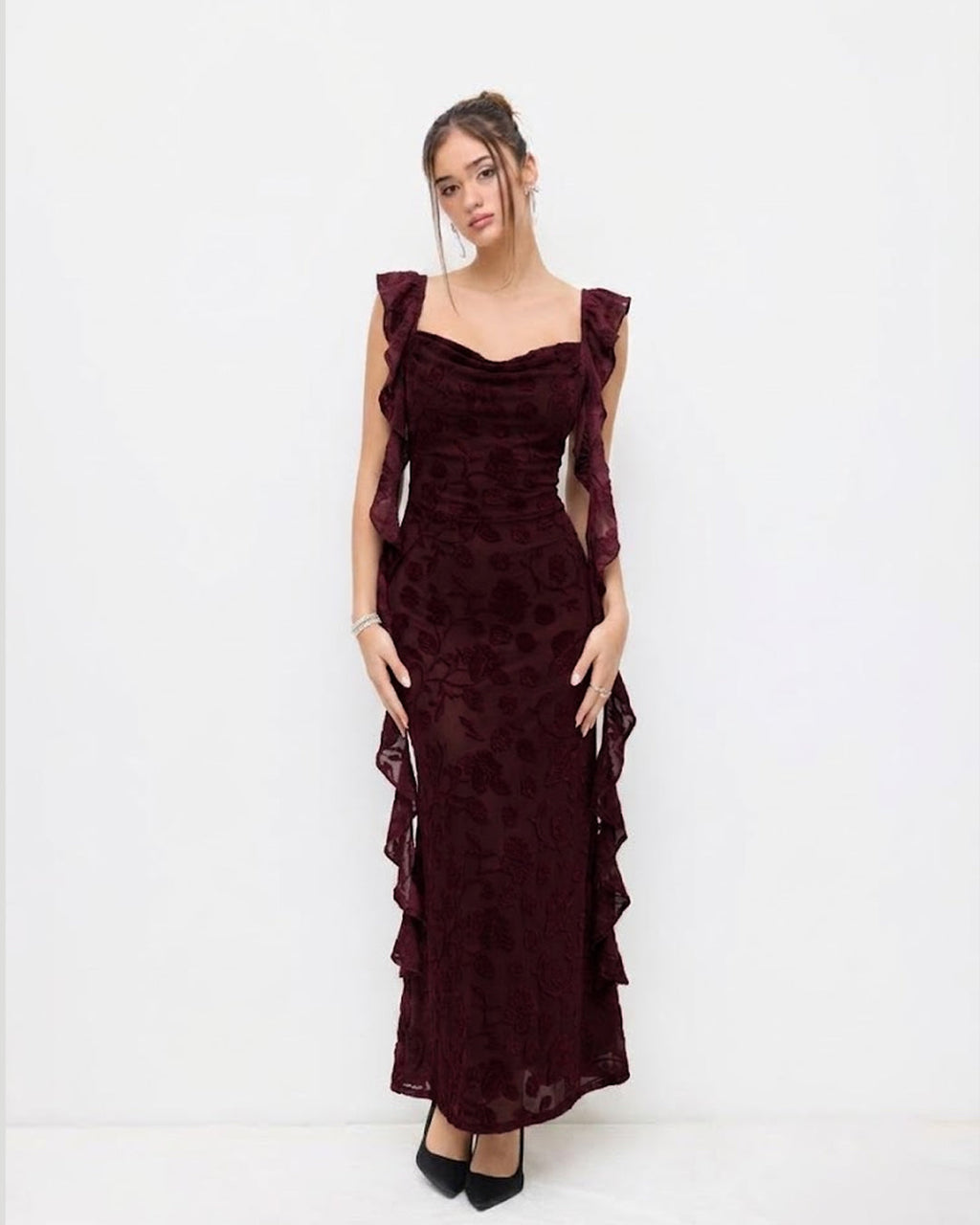 Floral Ruched Side Tie Ruffle Maxi Dress in Deep Maroon