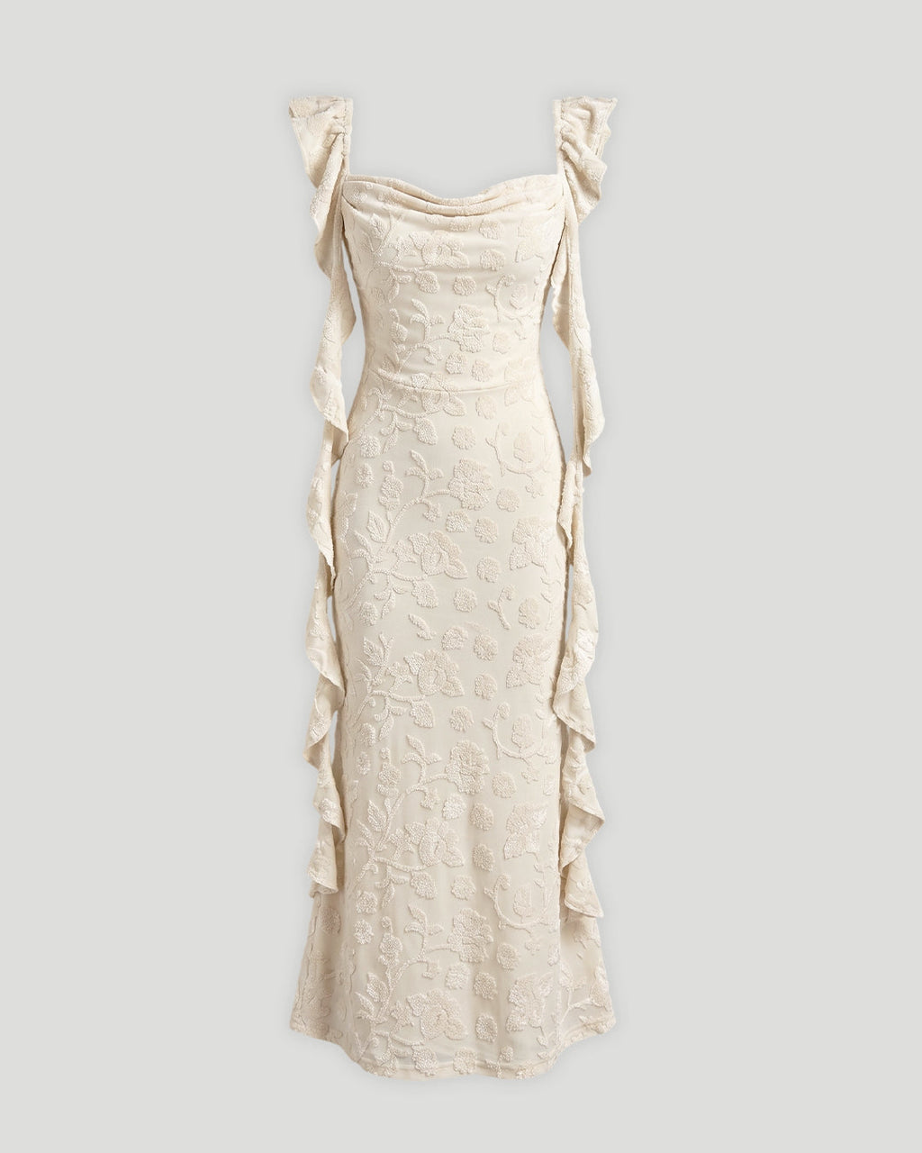 Floral Ruched Side Tie Ruffle Maxi Dress in Off White