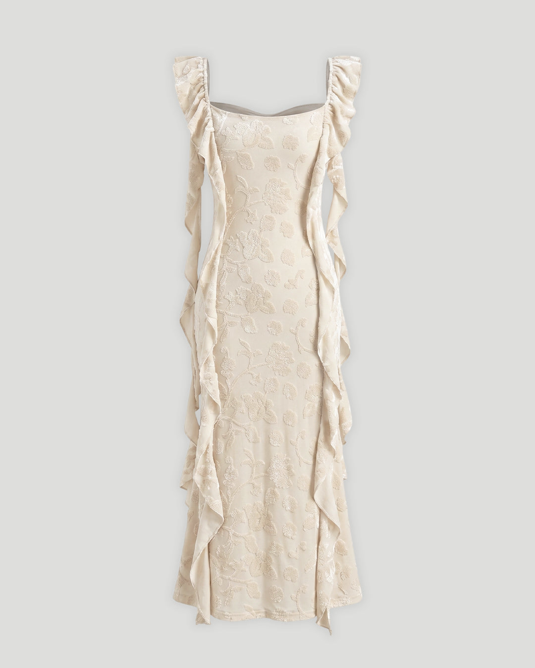 Floral Ruched Side Tie Ruffle Maxi Dress in Off White