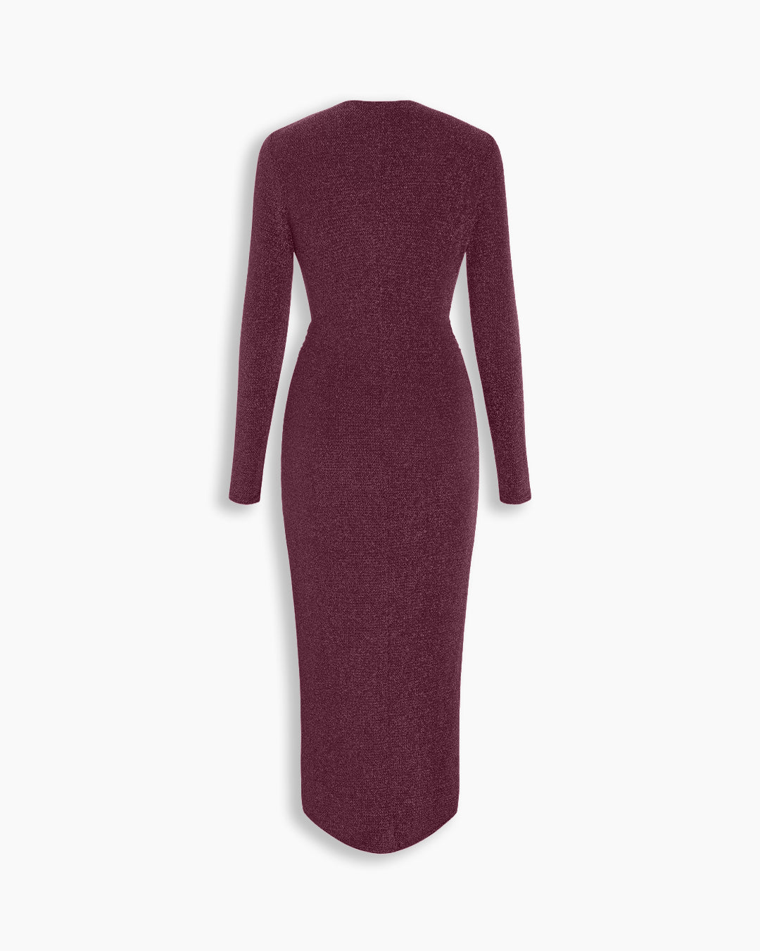 Ruched Wrap Front Long Sleeve Midi Dress in Wine Maroon