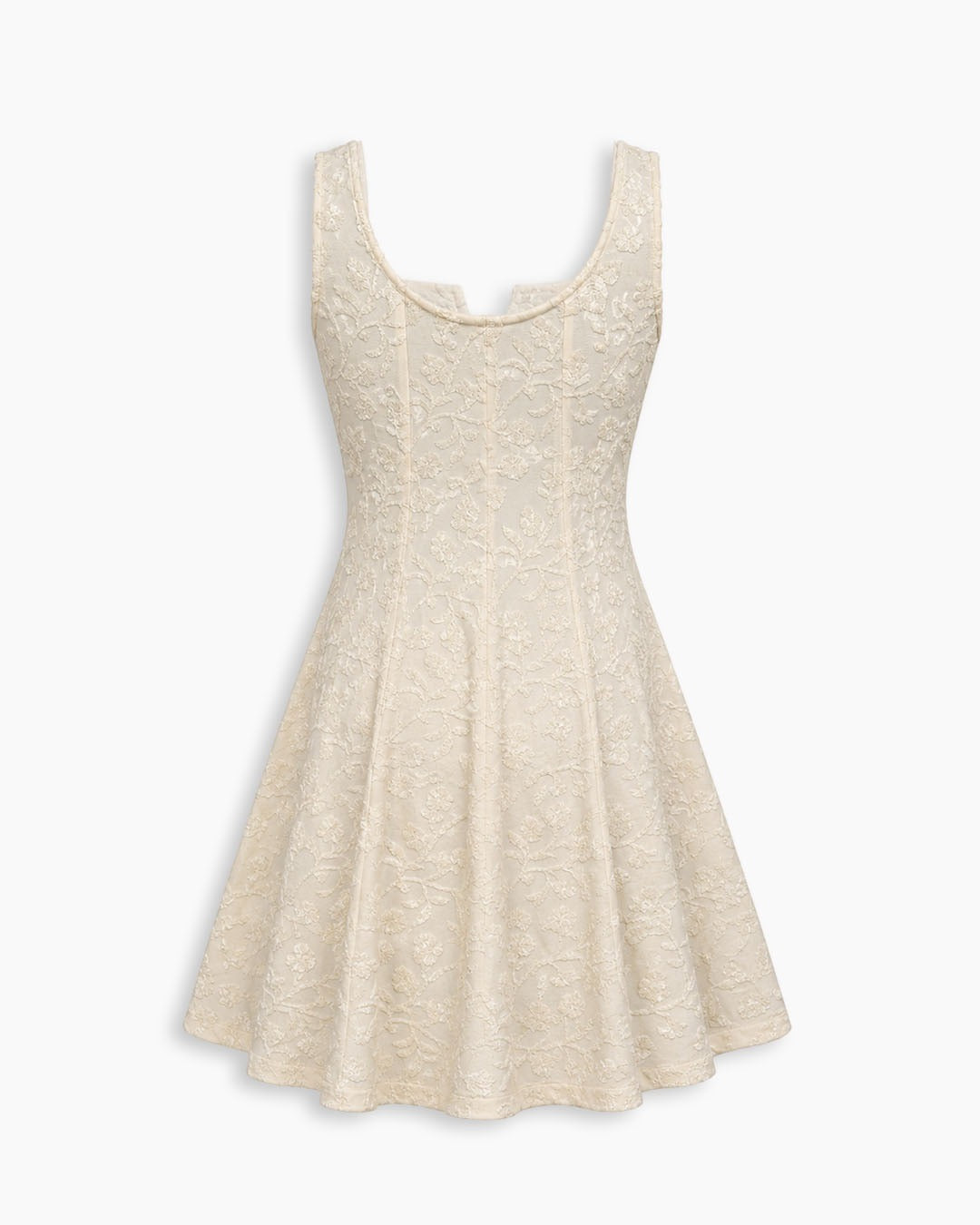 Floral Jacquard Square Neck Fit and Flare Mini Dress in Off-White