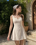 Floral Jacquard Square Neck Fit and Flare Mini Dress in Off-White