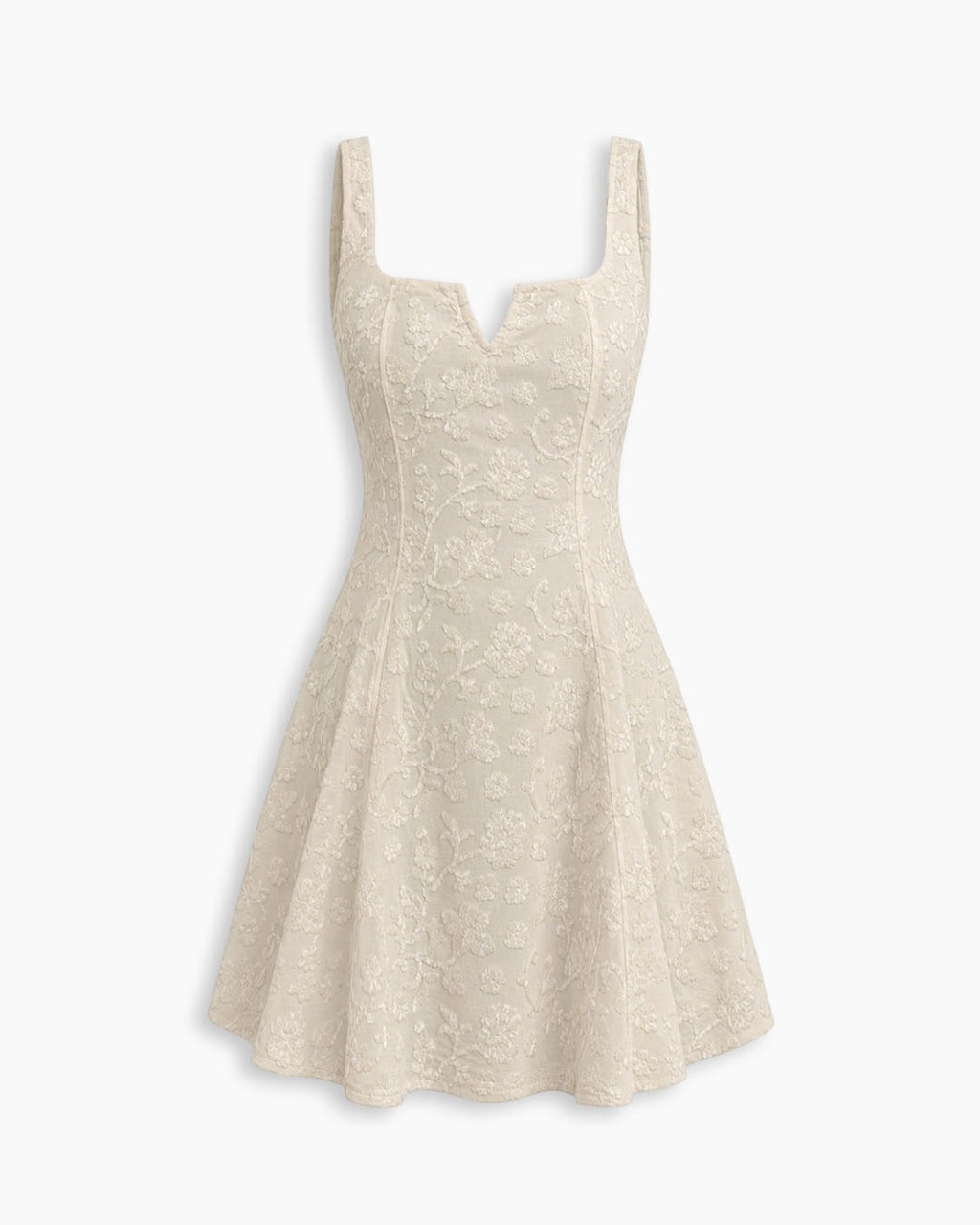 Floral Jacquard Square Neck Fit and Flare Mini Dress in Off-White