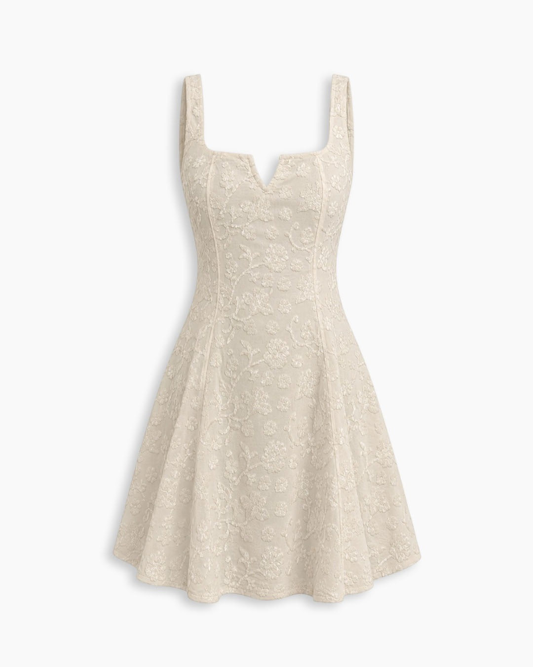 Floral Jacquard Square Neck Fit and Flare Mini Dress in Off-White