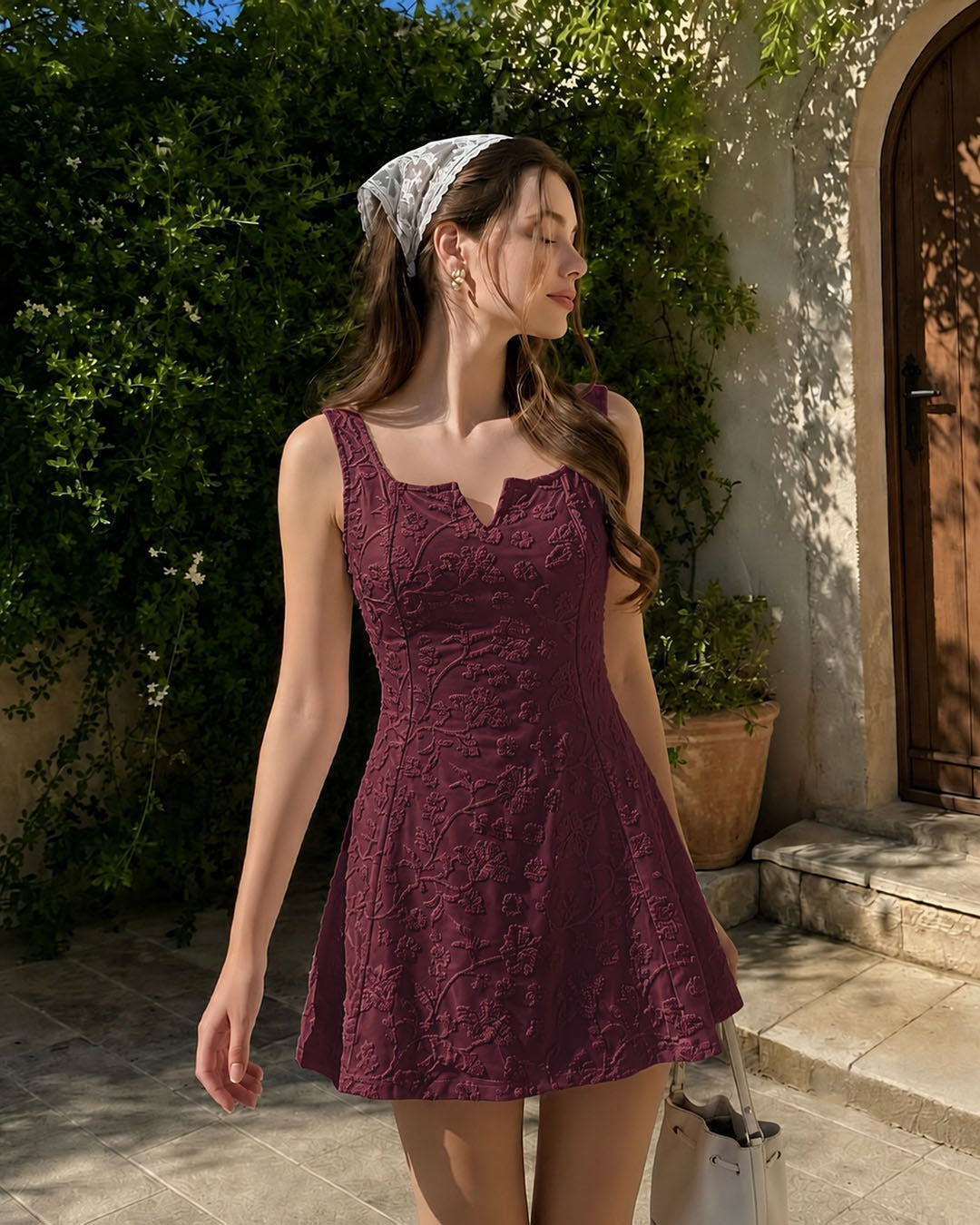 Bonus Cloth's Floral Jacquard Square Neck Fit and Flare Mini Dress in Wine Maroon