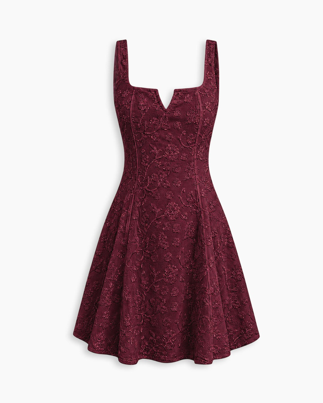 Bonus Cloth's Floral Jacquard Square Neck Fit and Flare Mini Dress in Wine Maroon