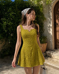 Floral Jacquard Square Neck Fit and Flare Mini Dress in Dark Citron