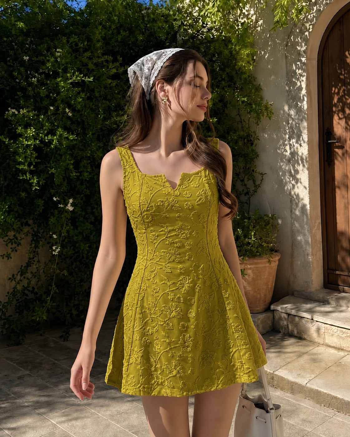 Floral Jacquard Square Neck Fit and Flare Mini Dress in Dark Citron