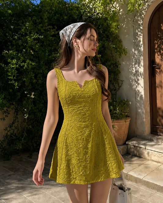 Bonus Cloth's Floral Jacquard Square Neck Fit and Flare Mini Dress in Dark Citron