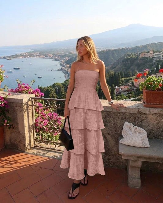 Bonus Cloth's Strapless Tiered Midi Dress in Dusty Pink