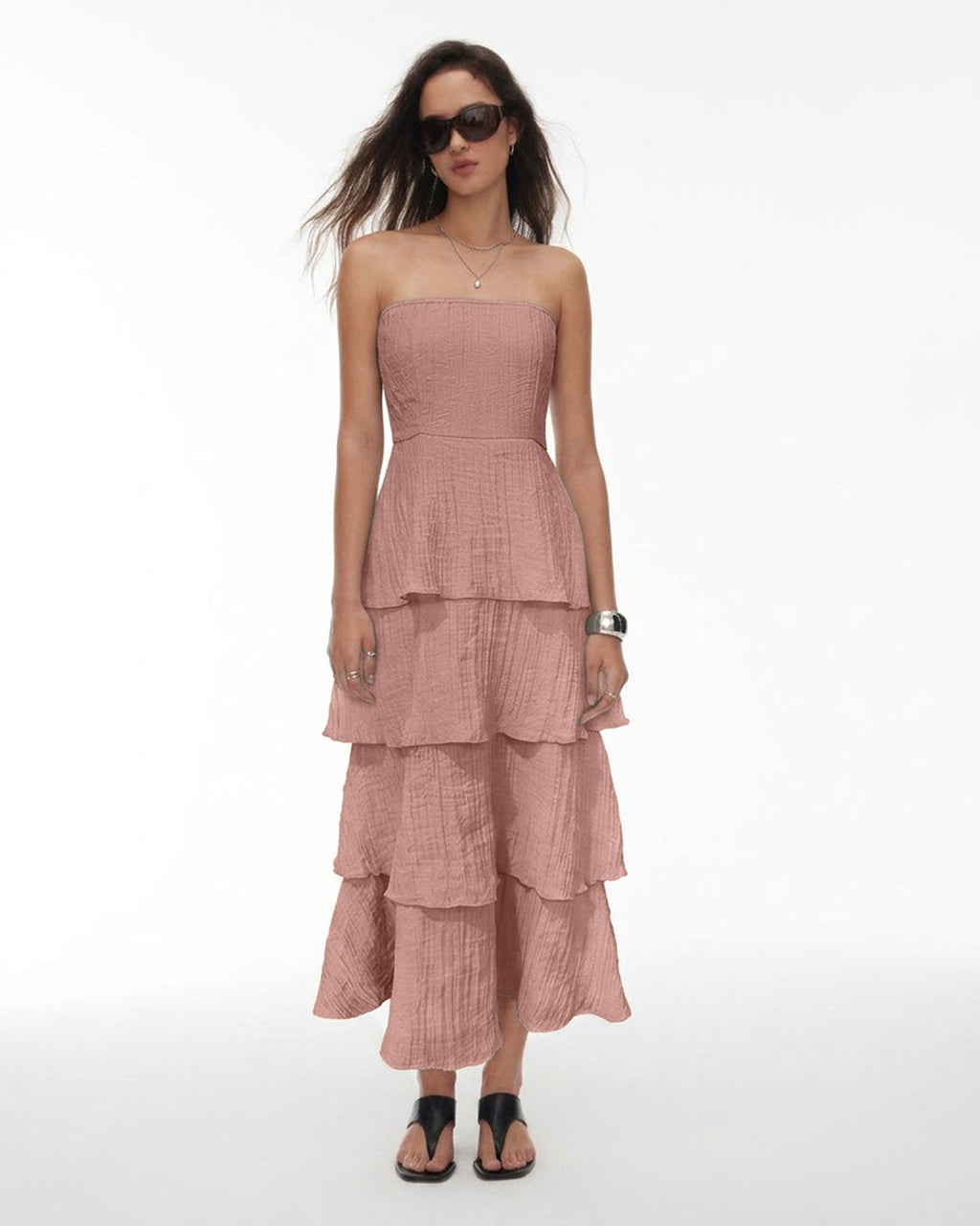 Strapless Tiered Midi Dress in Dusty Pink