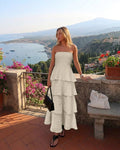 Strapless Tiered Midi Dress in Warm Beige