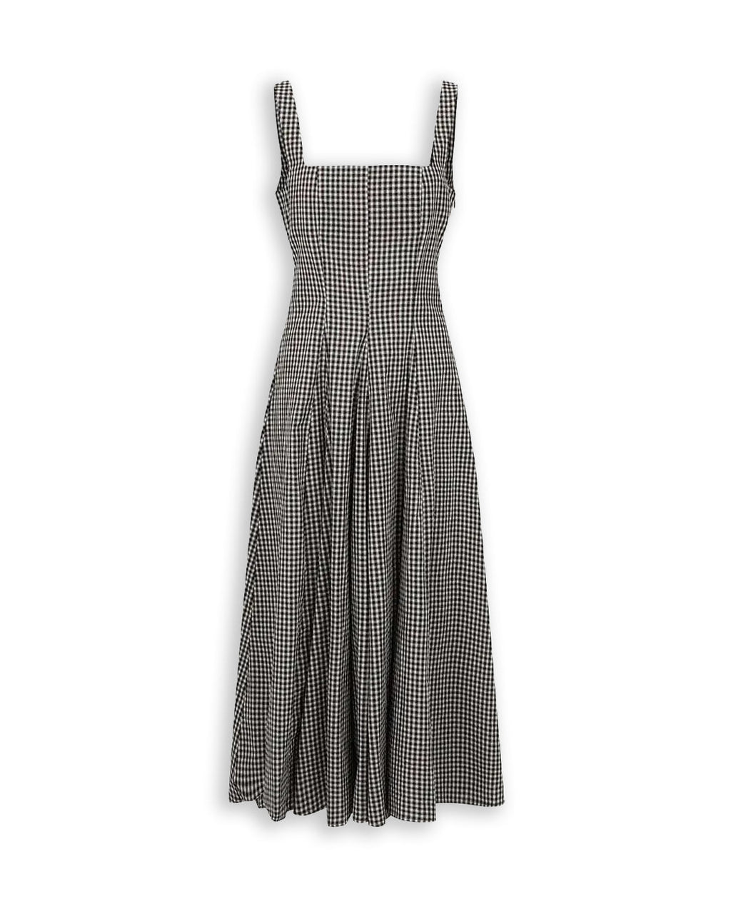 Gingham Square Neck Pleated Midi Dress in Classic Black and White