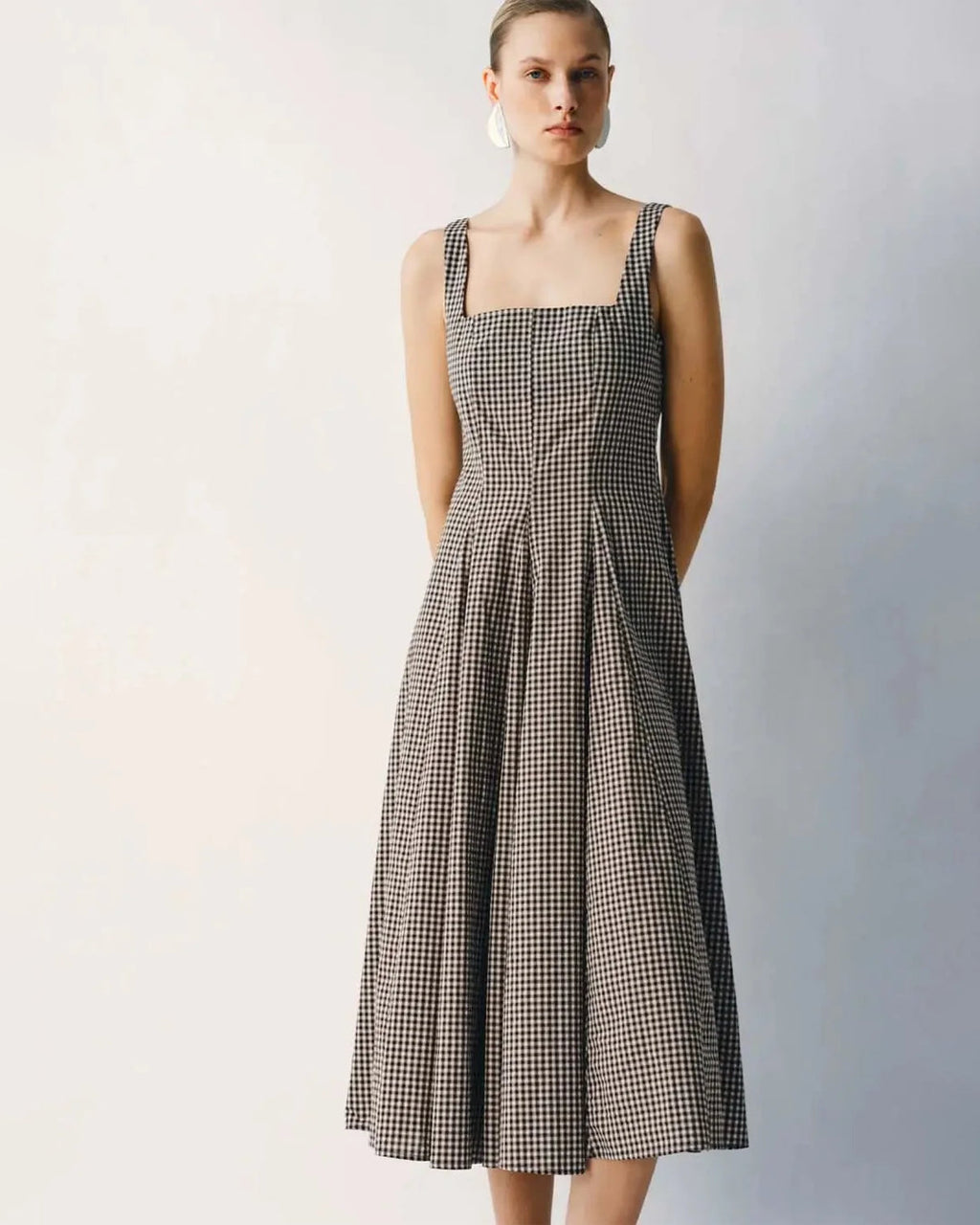 Gingham Square Neck Pleated Midi Dress in Classic Black and White