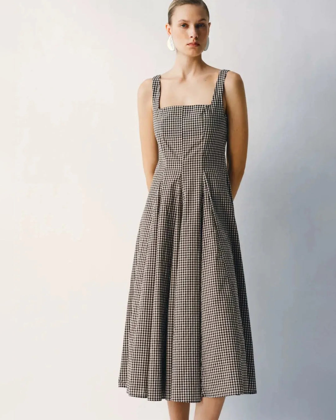Gingham Square Neck Pleated Midi Dress in Classic Black and White