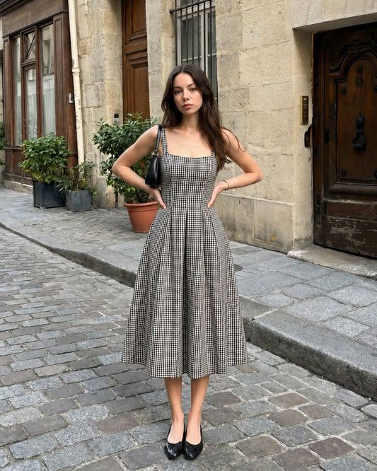 Bonus Cloth's Gingham Square Neck Pleated Midi Dress in Classic Black and White