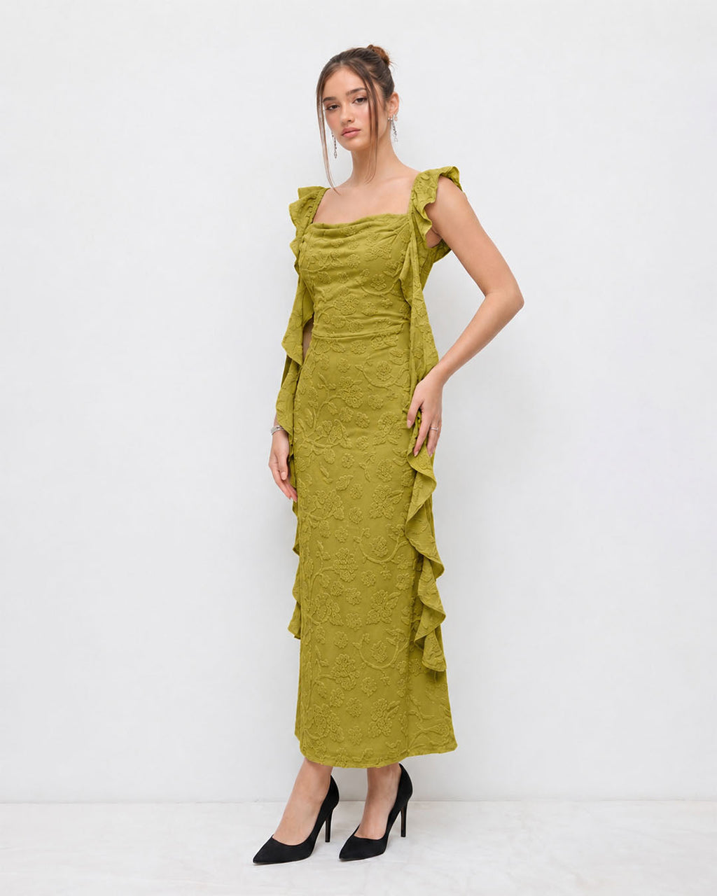 Floral Ruched Side Tie Ruffle Maxi Dress in Olive Green
