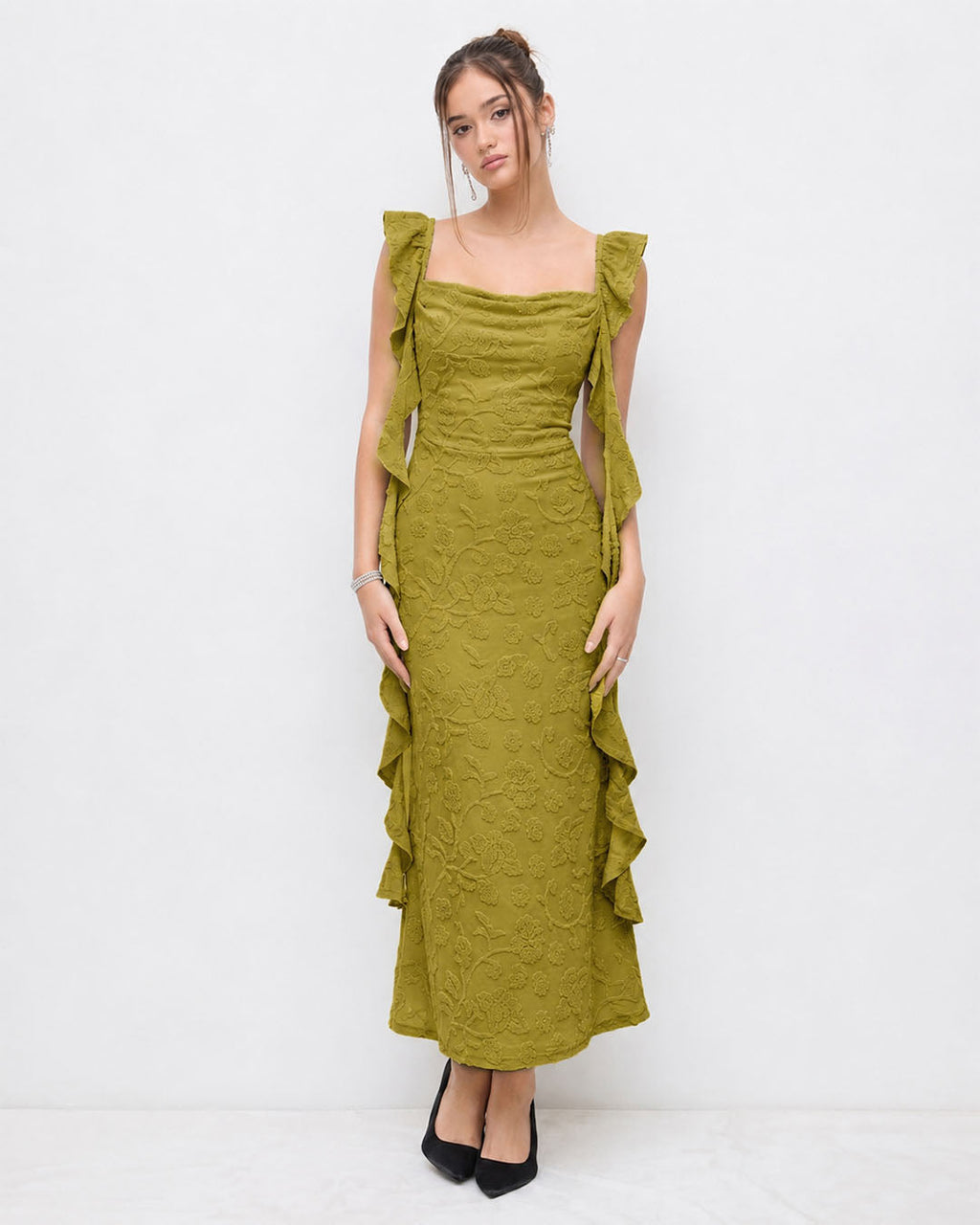 Floral Ruched Side Tie Ruffle Maxi Dress in Olive Green