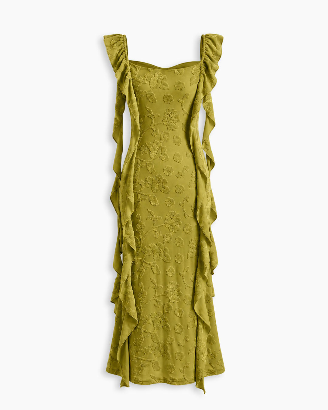 Floral Ruched Side Tie Ruffle Maxi Dress in Olive Green