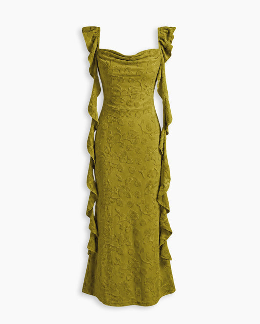 Bonus Cloth's Floral Ruched Side Tie Ruffle Maxi Dress in Olive Green