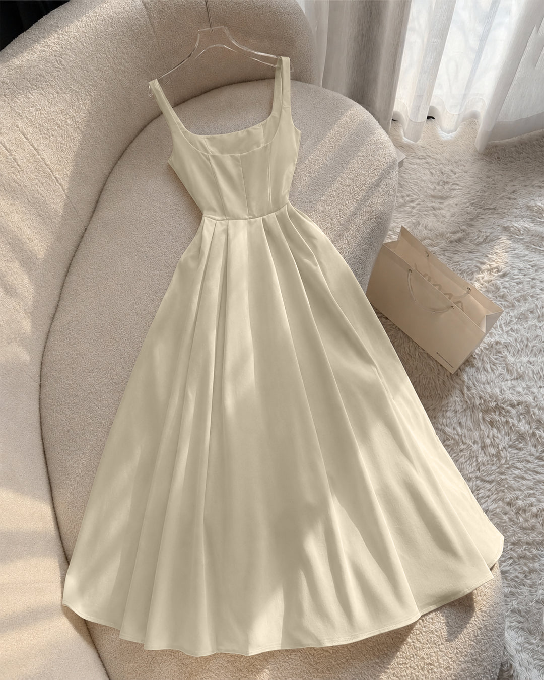 Vintage-Inspired Polka Dot Fit and Flare Midi Dress in Cream