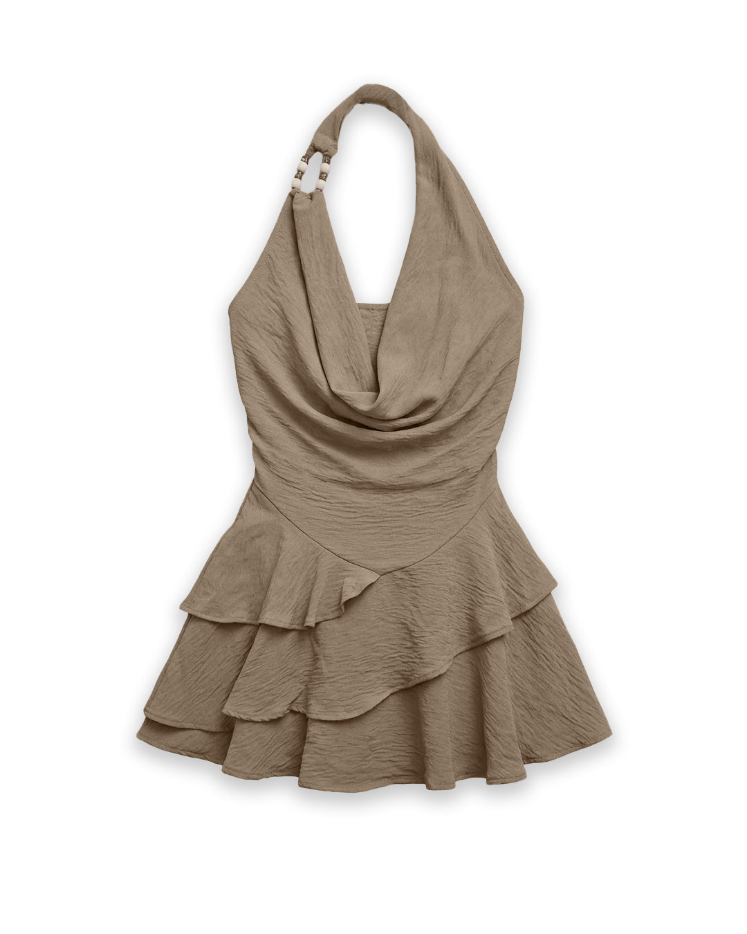 Halter Cowl Neck Ruched Waist Tiered Mini Dress in Mocha Brown