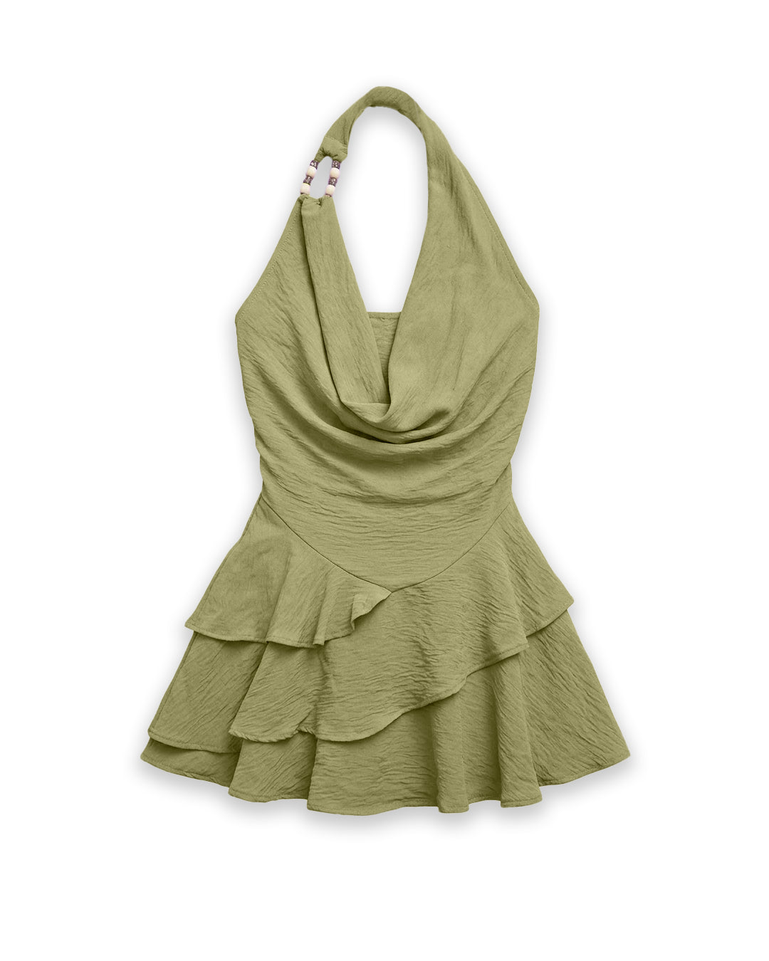 Halter Cowl Neck Ruched Waist Tiered Mini Dress in Herbal Green