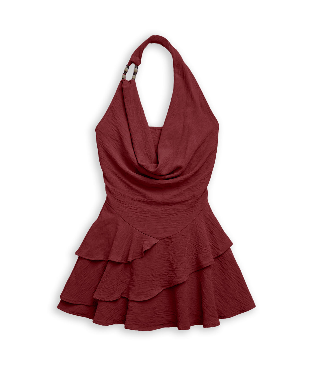 Halter Cowl Neck Ruched Waist Tiered Mini Dress in Deep Maroon