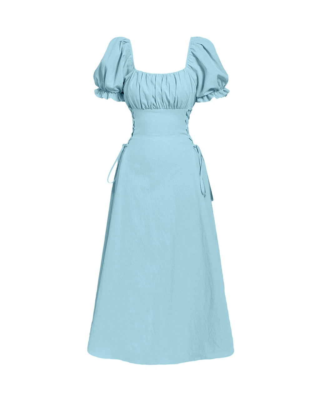 Square Neck Puff Sleeve Lace Up A-Line Midi Dress in Sky Blue