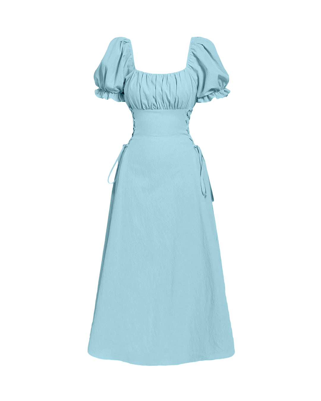 Square Neck Puff Sleeve Lace Up A-Line Midi Dress in Sky Blue