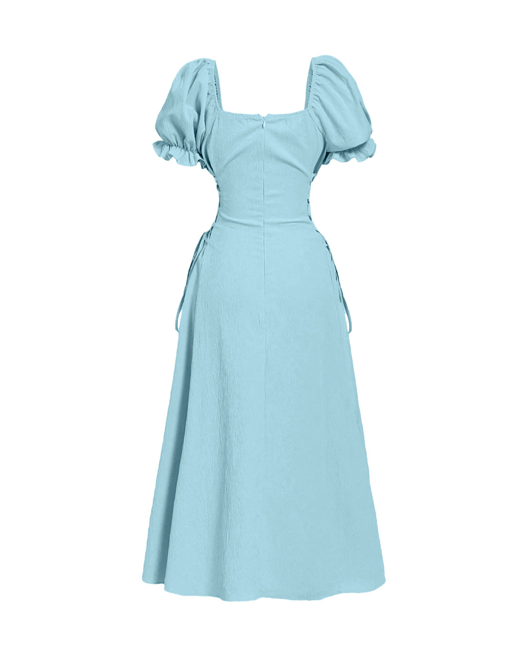 Square Neck Puff Sleeve Lace Up A-Line Midi Dress in Sky Blue