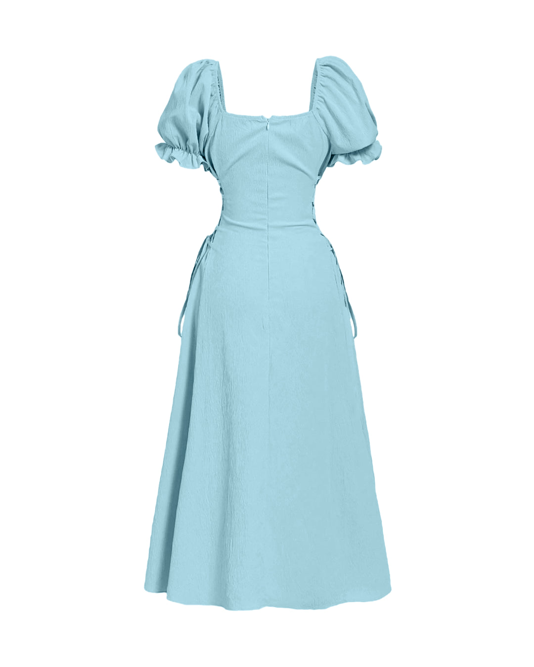 Square Neck Puff Sleeve Lace Up A-Line Midi Dress in Sky Blue