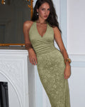 Jacquard Halter Neck Ruched Mermaid Midi Dress in Olive Green