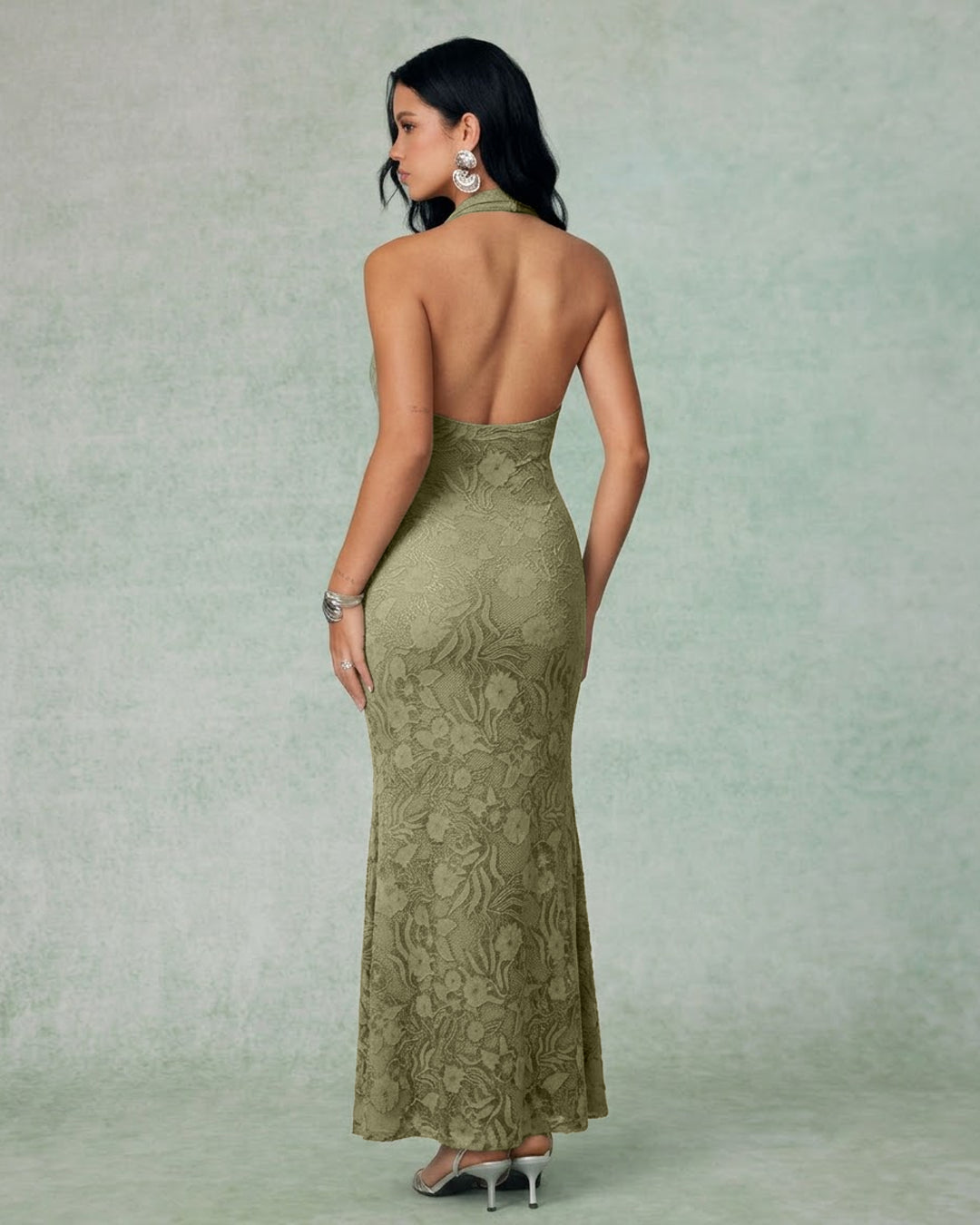 Jacquard Halter Neck Ruched Mermaid Midi Dress in Olive Green