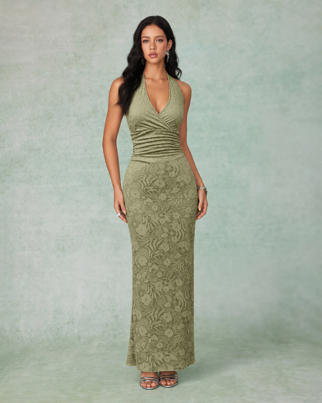 Jacquard Halter Neck Ruched Mermaid Midi Dress in Olive Green